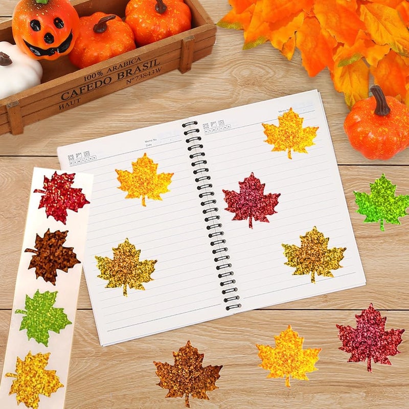 RUPOFUZA 500Pcs Fall Thanksgiving Leaf Stickers 1.5in Maple Leaf Decals 5 Colors Holographic Self Adhesive Label Leaves Stickers Roll for Autumn Party Cards Seal Envelopes Supplies Decor - Image 3